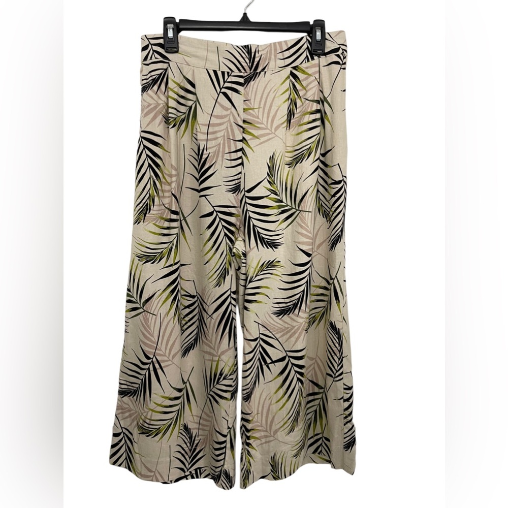 Ophelia Roe Linen Blend Pants Tropical Prints Wide Leg Crop Cream Size L